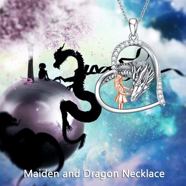 Sterling Silver Dragon And Girl Heart Necklace-5