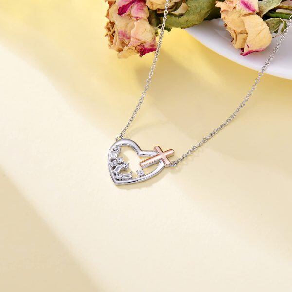 Sterling Silver Heart Cross Necklace-3