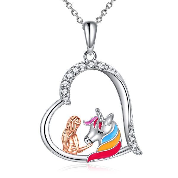 Sterling Silver Unicorn And Girl Heart Necklace-0