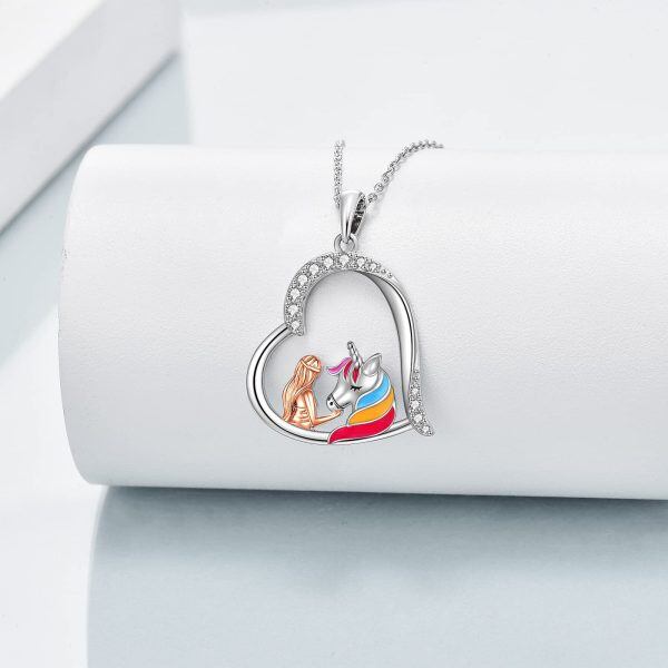 Sterling Silver Unicorn And Girl Heart Necklace-2