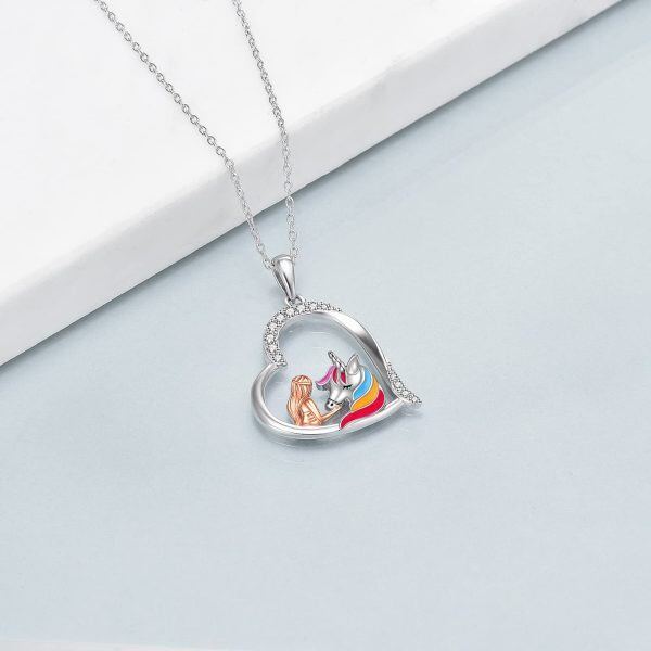 Sterling Silver Unicorn And Girl Heart Necklace-3