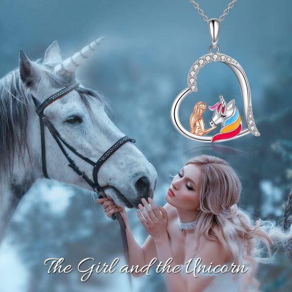 Sterling Silver Unicorn And Girl Heart Necklace-5