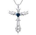 wholesale 925 Sterling Silver Angel Wing Heart Blue Crystal Cross Pendant Necklace for Women-0-0