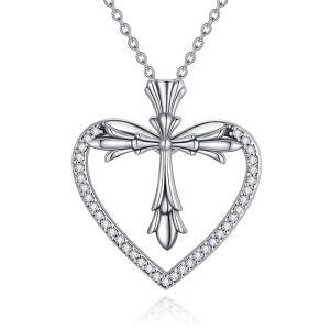 Sterling Silver Cross Heart Necklace-0