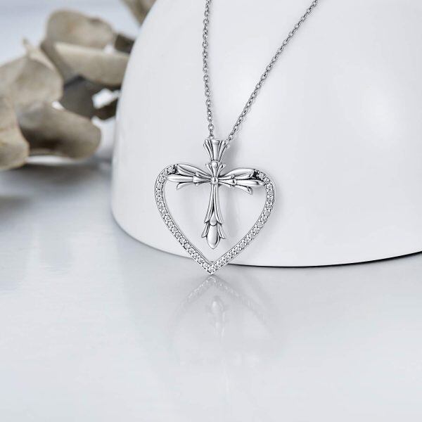 Sterling Silver Cross Heart Necklace-3