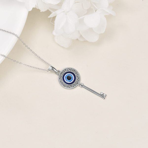 Sterling Silver Evil Eye Key Necklace-2