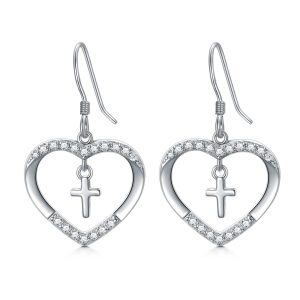 Sterling Silver Heart Cross Dangle Earrings-0