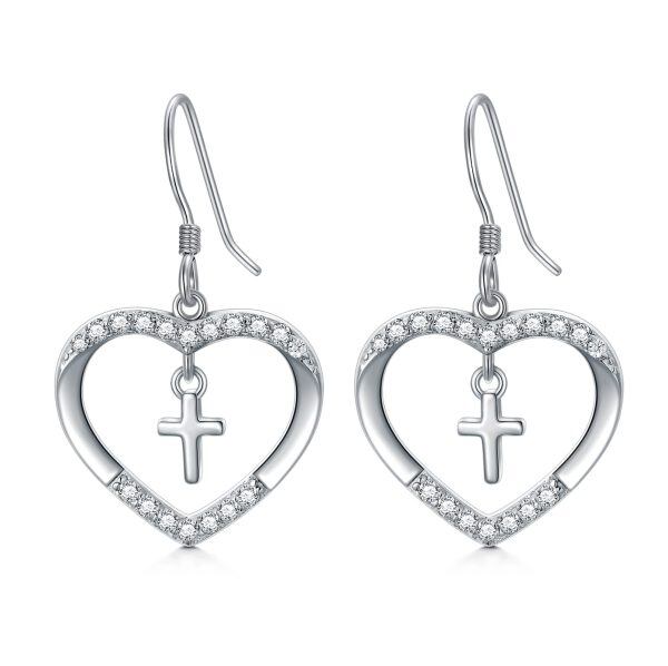 Sterling Silver Heart Cross Dangle Earrings-0