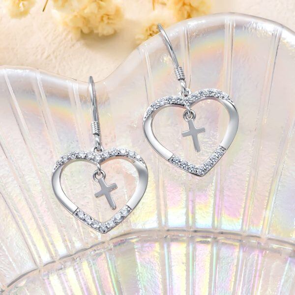 Sterling Silver Heart Cross Dangle Earrings-3