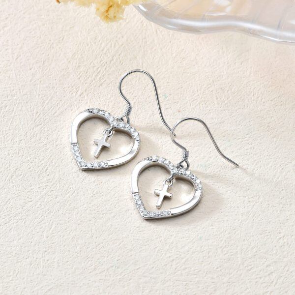 Sterling Silver Heart Cross Dangle Earrings-4