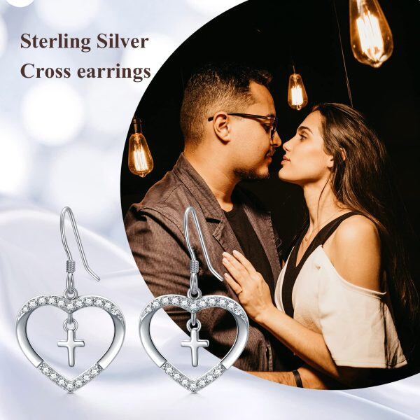 Sterling Silver Heart Cross Dangle Earrings-5