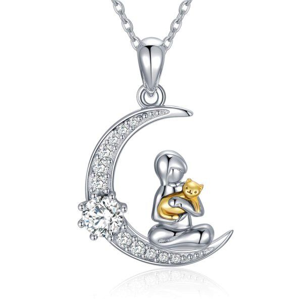 Sterling Silver Moon Cat Pendant Necklace-0