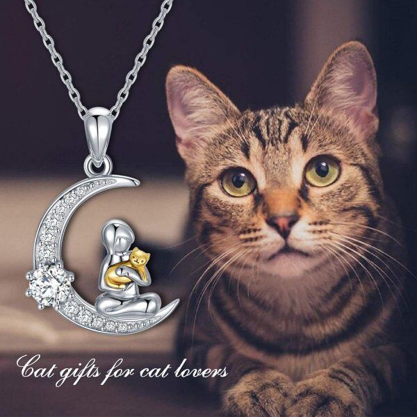 Sterling Silver Moon Cat Pendant Necklace-5