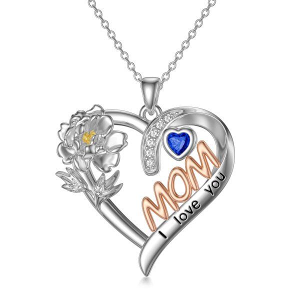 Sterling Silver Heart Flower Mom Pendant Necklace-0