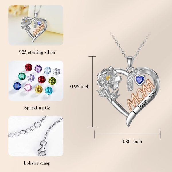 Sterling Silver Heart Flower Mom Pendant Necklace-4