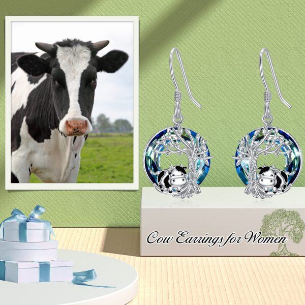 Sterling Silver Tree Of Life Cow Earrings-1