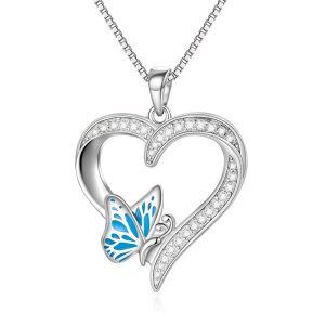 Sterling Silver Butterfly Heart Pendant Necklace-0