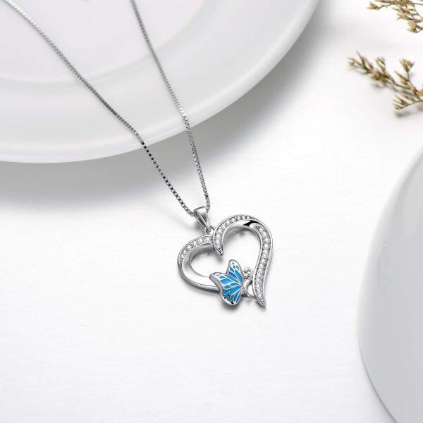 Sterling Silver Butterfly Heart Pendant Necklace-2