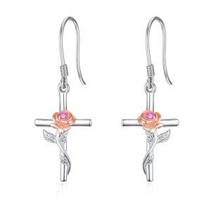 Sterling Silver Cross Rose Earrings-0