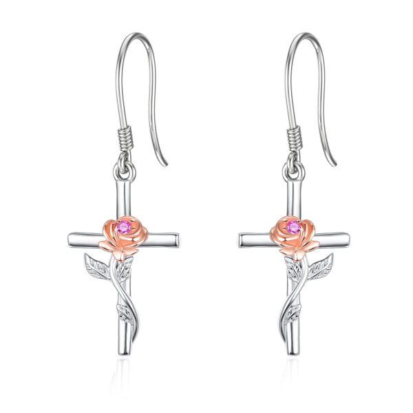 Sterling Silver Cross Rose Earrings-0