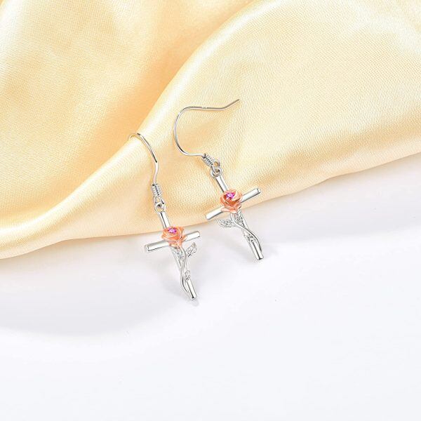 Sterling Silver Cross Rose Earrings-4