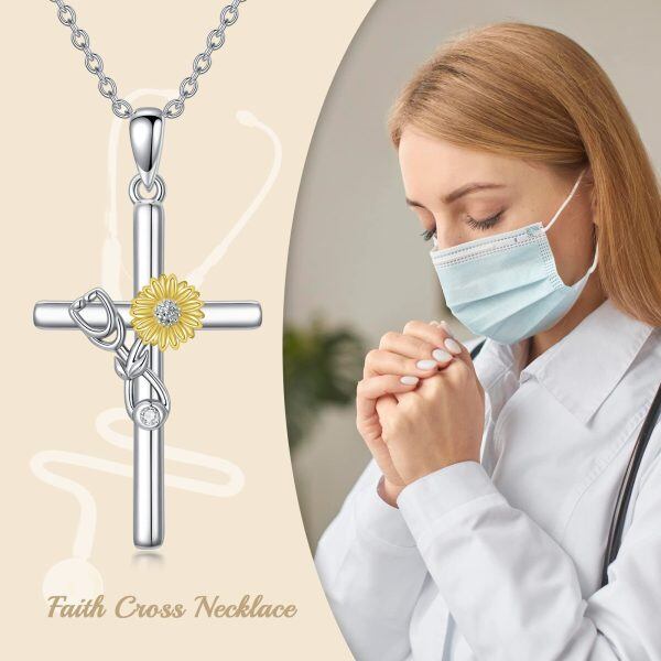 Sterling Silver Sunflower Stethoscope Cross Necklace-1