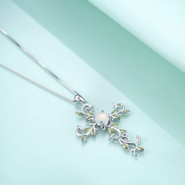 Sterling Silver Cross Leaf Pendant Necklace-1