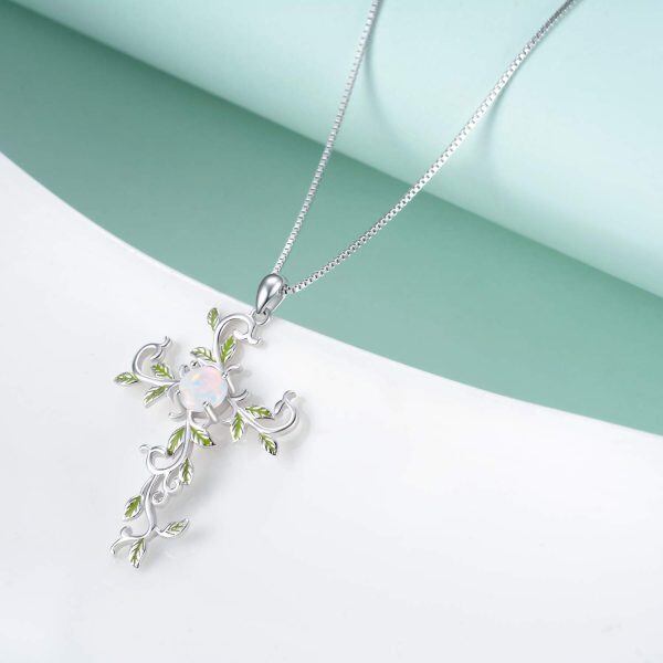 Sterling Silver Cross Leaf Pendant Necklace-2