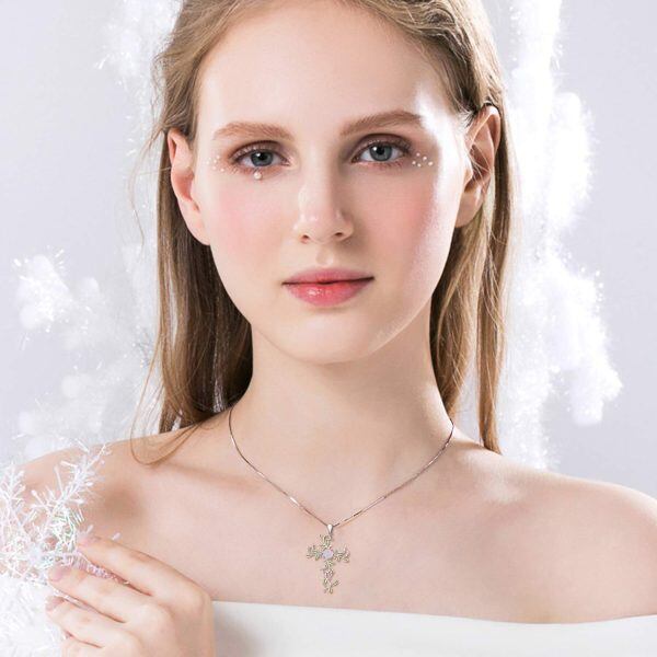 Sterling Silver Cross Leaf Pendant Necklace-3