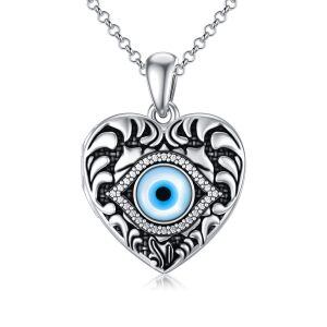 Sterling Silver Heart Evil Eye Necklace-0