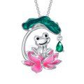 wholesale 925 Sterling Silver Green & Pink Enamel Frog on Lotus Pendant Necklace - Adorable Animal Charm s for Her-0-0