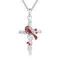 wholesale 925 Sterling Silver Red Enamel Cardinal Bird Cross Pendant Necklace for Women-0-0