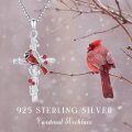 wholesale 925 Sterling Silver Red Enamel Cardinal Bird Cross Pendant Necklace for Women-0-5