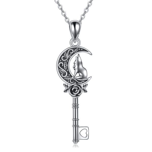 Sterling Silver Wolf Key Pendant Necklace-0