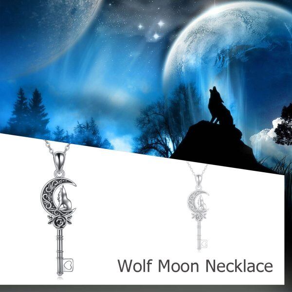 Sterling Silver Wolf Key Pendant Necklace-2