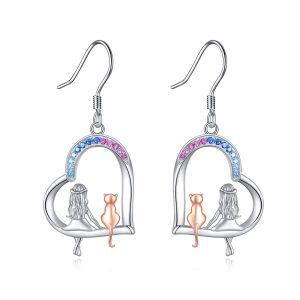 Sterling Silver Cat And Girl Heart Earrings-0