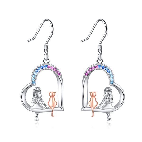 Sterling Silver Cat And Girl Heart Earrings-0