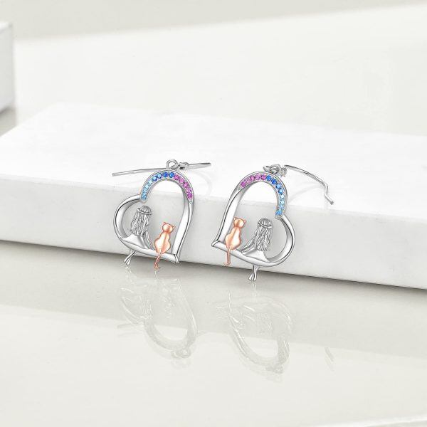 Sterling Silver Cat And Girl Heart Earrings-3