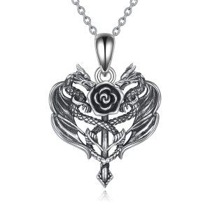 Sterling Silver Dragon Rose Heart Necklace-0