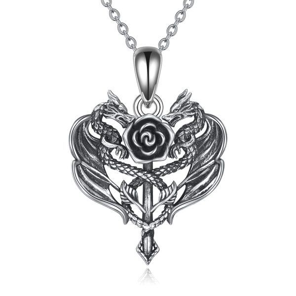 Sterling Silver Dragon Rose Heart Necklace-0