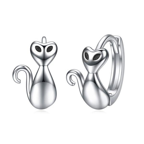 Sterling Silver Cat Hoop Earrings-0