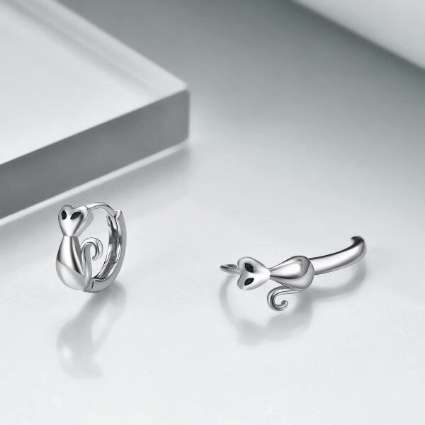 Sterling Silver Cat Hoop Earrings-3