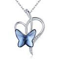 wholesale 925 Sterling Silver Blue Crystal Butterfly Heart Pendant Necklace for Women-0-0