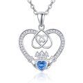 wholesale 925 Sterling Silver Blue Crystal Claddagh Heart Pendant Necklace for Women-0-0