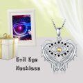 wholesale 925 Sterling Silver Angel Wing Evil Eye Pendant Necklace with Black and Yellow CZ Stones-0-2