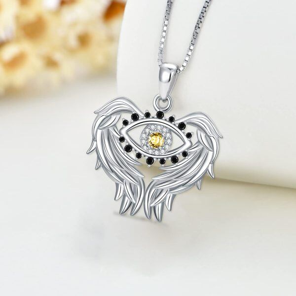 Sterling Silver Angel Wings Evil Eye Necklace-5