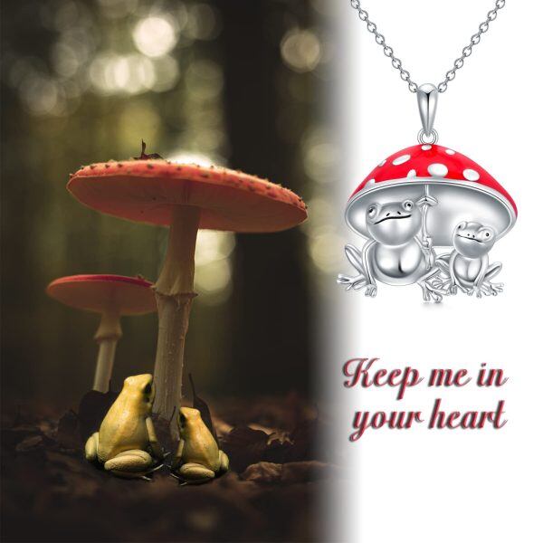 Sterling Silver Frog Mushroom Pendant Necklace-4