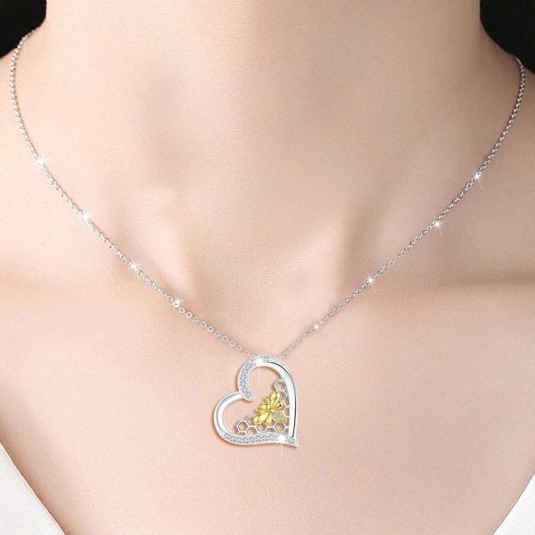 Sterling Silver Bee Heart Pendant Necklace-1