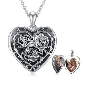 Sterling Silver Rose Heart Locket Necklace-0