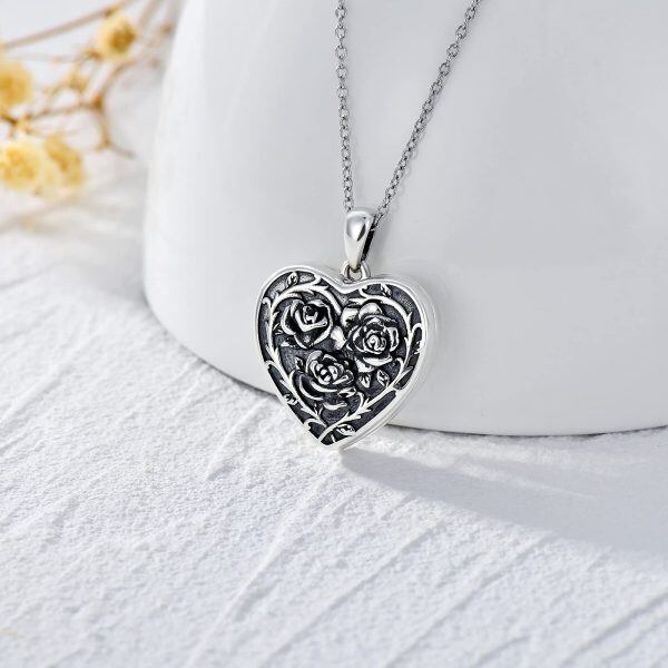 Sterling Silver Rose Heart Locket Necklace-3